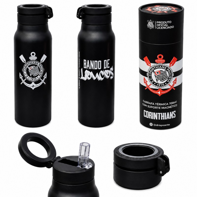 GARRAFA TÉRMICA INOX COM SUPORTE MAGNÉTICO 700ML MODELO CORINTHIANS REF: 41139