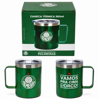 CANECA TÉRMICA DE AÇO INOX COM TAMPA 360ML MODELO PALMEIRAS REF: 622538
