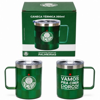 CANECA TÉRMICA DE AÇO INOX COM TAMPA 360ML MODELO PALMEIRAS REF: 622538 CANECA TÉRMICA DE AÇO INOX COM TAMPA 360ML MODELO PALMEIRAS REF: 622538