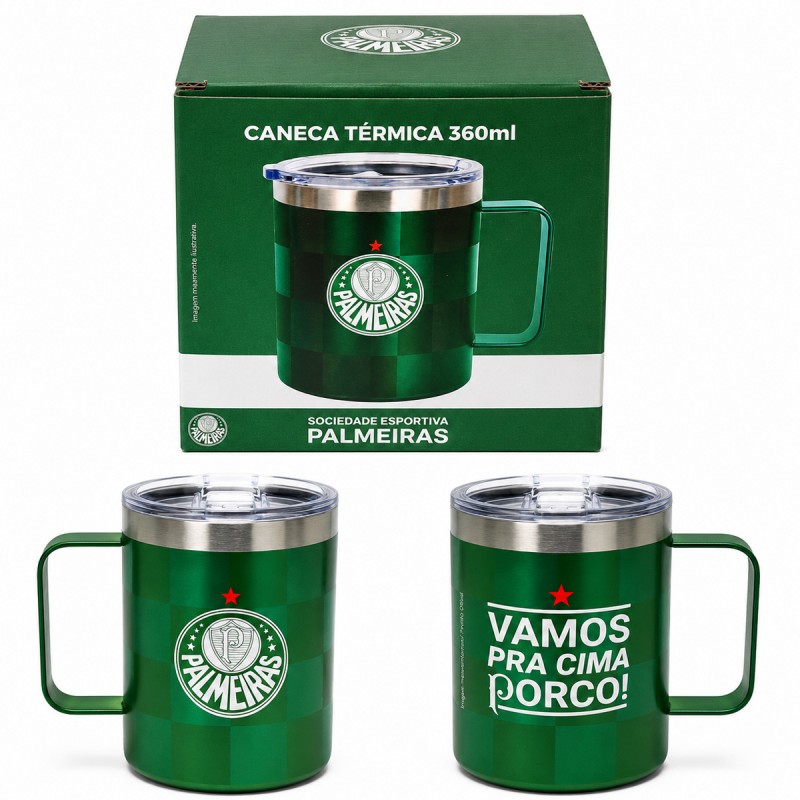CANECA TÉRMICA DE AÇO INOX COM TAMPA 360ML MODELO PALMEIRAS REF: 622538