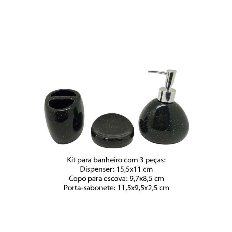 KIT P/ BANHEIRO 3 PEÇAS EM CERÂMICA COR PRETA REF: D0748