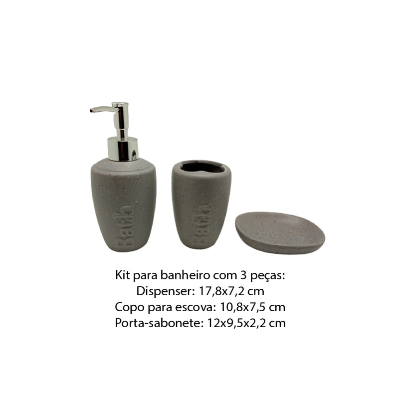 KIT P/ BANHEIRO 3 PEÇAS EM CERÂMICA COR CINZA REF: D0749