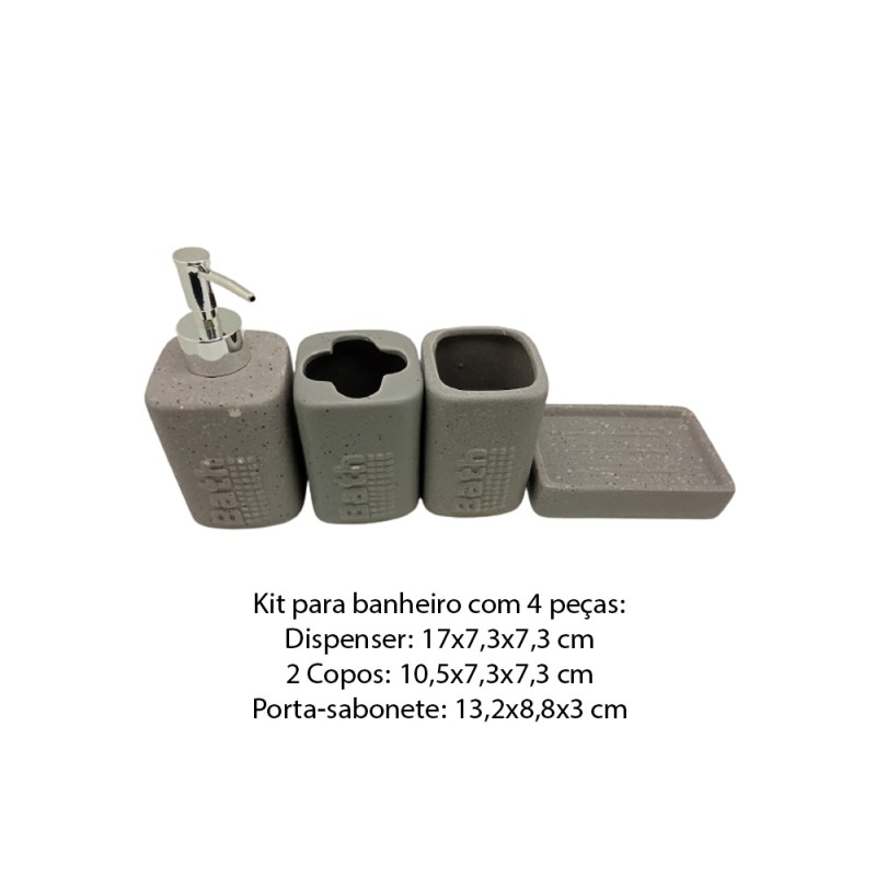 KIT P/ BANHEIRO 4 PEÇAS EM CERÂMICA COR CINZA REF: D0755