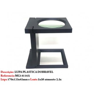 LUPA DOBRÁVEL 5X50 EM PLÁSTICO E LENTE EM ACRÍLICO.