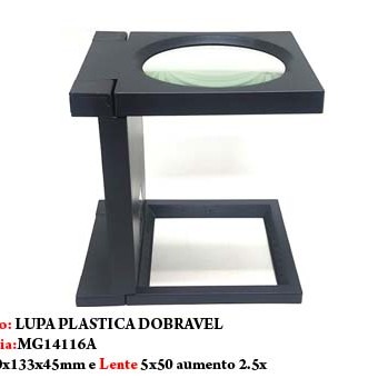 LUPA DOBRÁVEL 5X50 EM PLÁSTICO E LENTE EM ACRÍLICO.