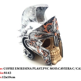 COFRE DECORATIVO MODELO CAVEIRA COM ELMO EM RESINA REF: 8143