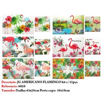 JOGO AMERICANO C/ 6 TOALHAS E 6/ PORTA COPOS MODELO FLAMINGO