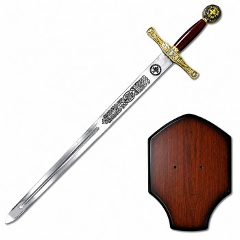 ESPADA DECORATIVA DE METAL COM LÂMINA SEM CORTE E SUPORTE DE MADEIRA REF: PFL13924