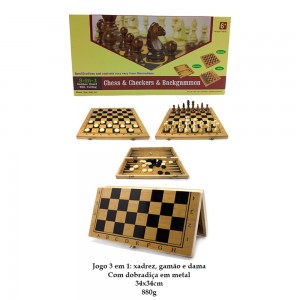 JOGO DE TABULEIRO 3 EM 1 COM XADREZ, DAMA E GAMÃO REF: B3116-34X34 JOGO DE TABULEIRO 3 EM 1 COM XADREZ, DAMA E GAMÃO REF: B3116-34X34