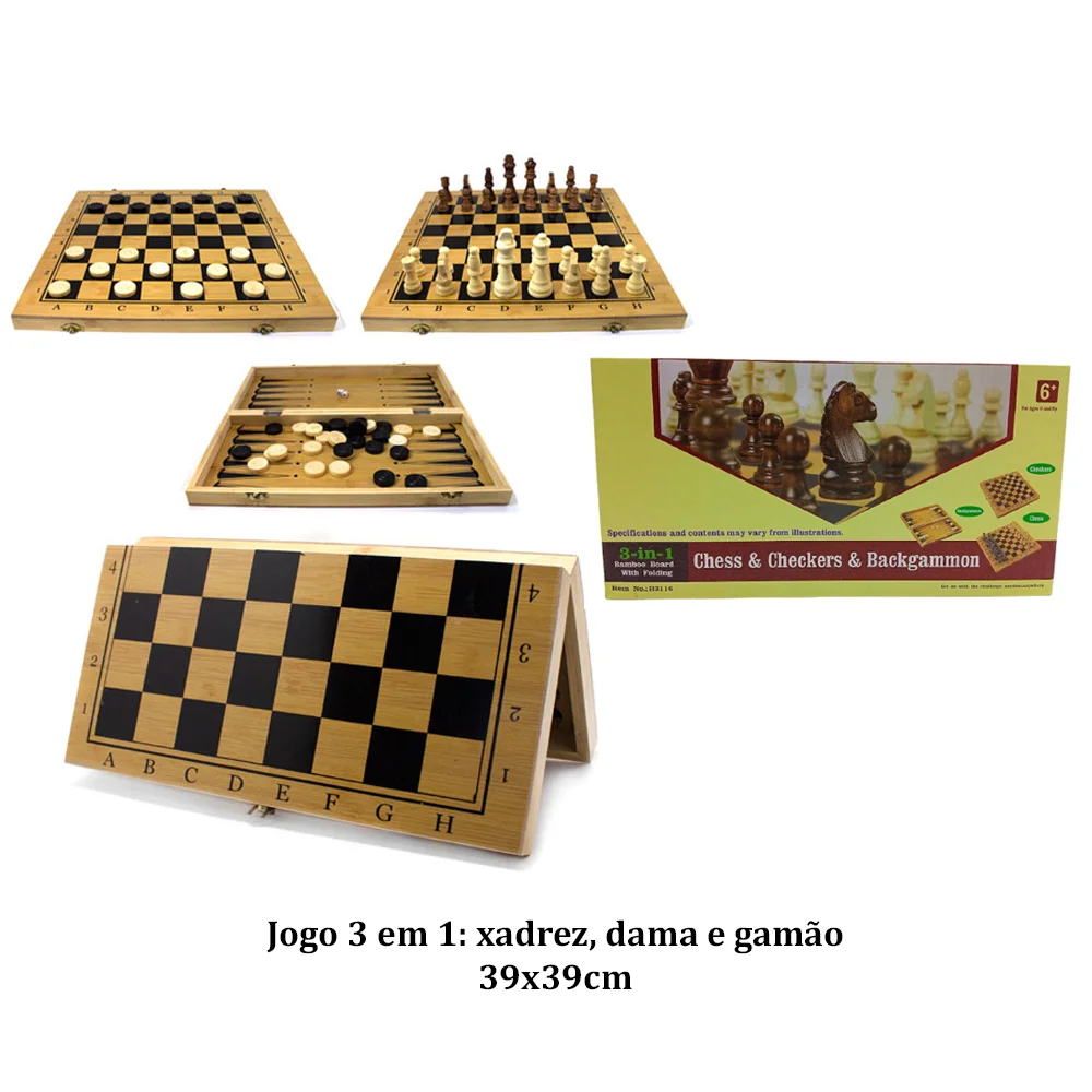 Jogo de Xadrez Dama e Gamão em madeira tabuleiro 39x39 em Promoção
