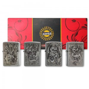 KIT 4 ISQUEIROS DE BOLSO MODELO DRAGÃO EM METAL REF: AP6090 KIT 4 ISQUEIROS DE BOLSO MODELO DRAGÃO EM METAL REF: AP6090