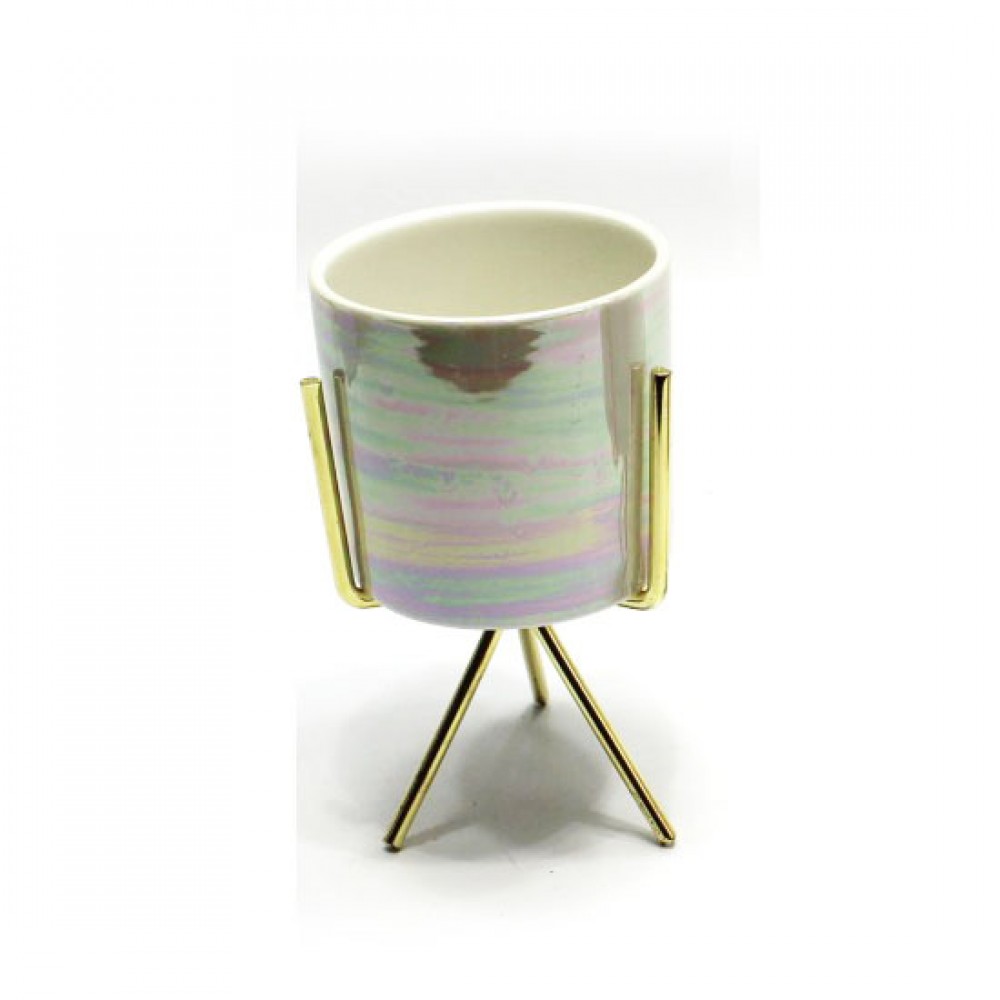 VASO DECORATIVO EM CERAMICA C/SUPORTE METAL DOURADO