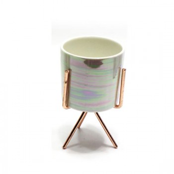 VASO DECORATIVO EM CERAMICA C/SUPORTE METAL ROSE