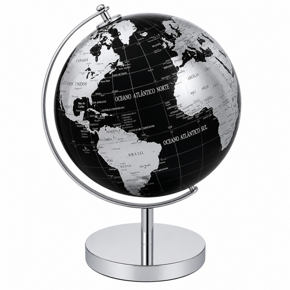 GLOBO TERRESTRE DECORATIVO DE MESA PRETO E PRATA REF: AP142AY4-14X19 GLOBO TERRESTRE DECORATIVO DE MESA PRETO E PRATA REF: AP142AY4-14X19