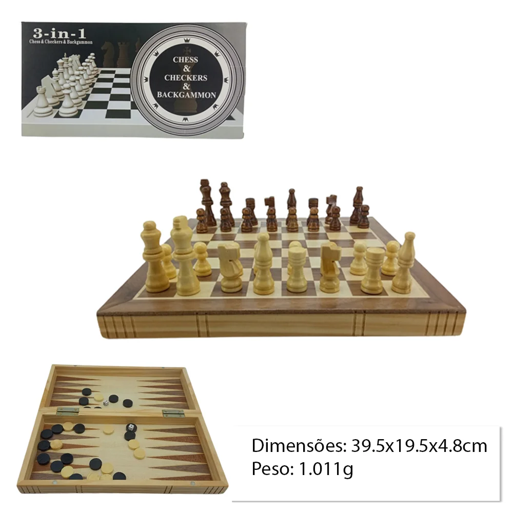 Jogo xadrez dama gamo madeira tabuleiro 3 em 1 40x40