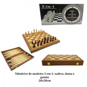 Tabuleiro De Madeira 3 Em 1 Xadrez / Dama E Gamão 34 x 34 Cm-O