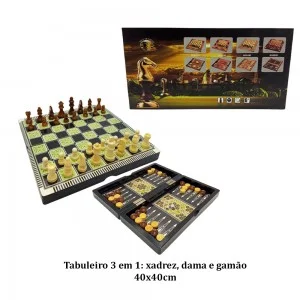 Kit 3 Jogos Xadrez Dama E Gamão Em Madeira 39x39 Tabuleiro