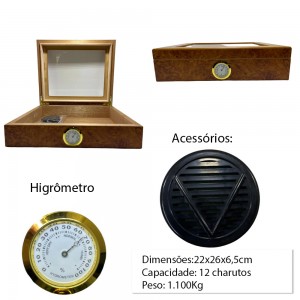 CAIXA UMIDORA EM MADEIRA MDF VISOR EM VIDRO PARA 12 CHARUTOS REF: VG12768AG CAIXA UMIDORA EM MADEIRA MDF VISOR EM VIDRO PARA 12 CHARUTOS REF: VG12768AG