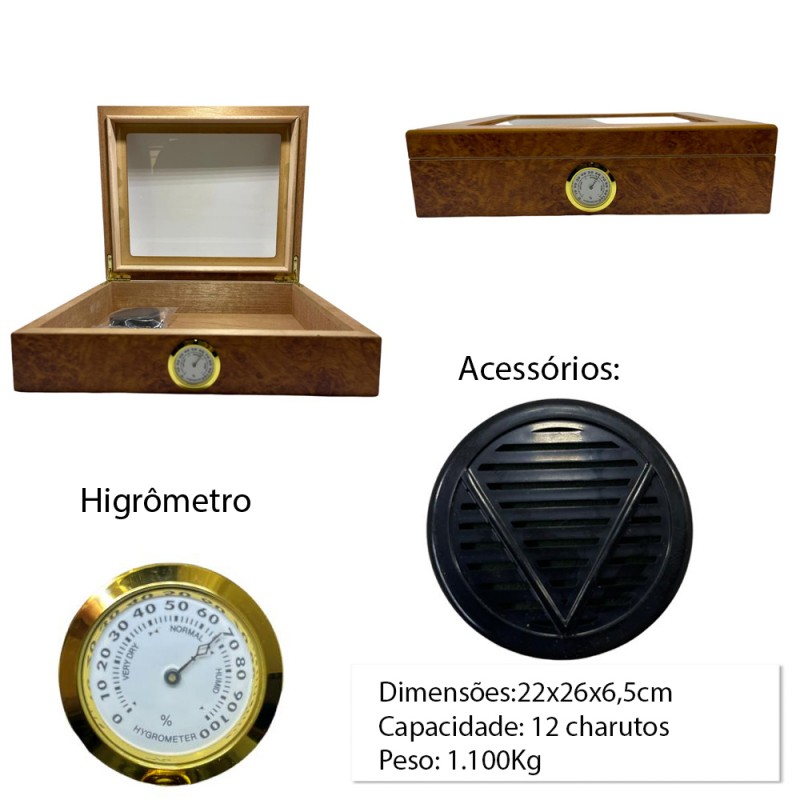 CAIXA UMIDORA EM MADEIRA MDF VISOR EM VIDRO PARA 12 CHARUTOS REF: VG12768AG