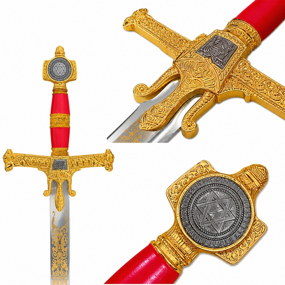 ESPADA DECORATIVA DE METAL COM LÂMINA SEM CORTE E SUPORTE DE MADEIRA REF: PFL139107