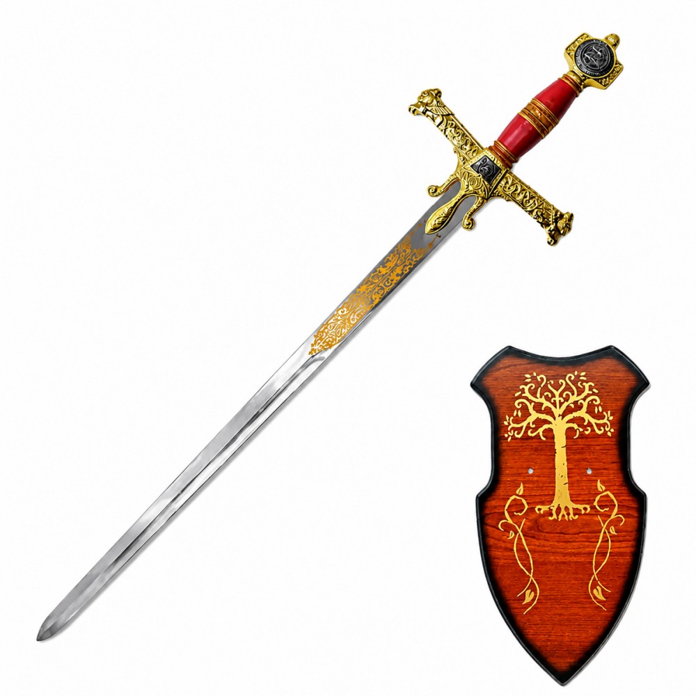 ESPADA DECORATIVA DE METAL COM LÂMINA SEM CORTE E SUPORTE DE MADEIRA REF: PFL139107