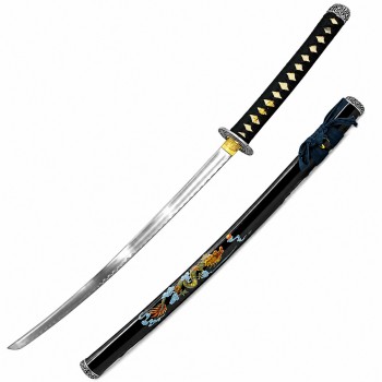 KATANA DECORATIVA DE METAL COM LÂMINA SEM CORTE E SUPORTE DE MADEIRA REF: PFL22970