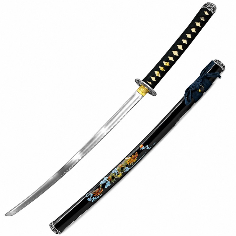 KATANA DECORATIVA DE METAL COM LÂMINA SEM CORTE E SUPORTE DE MADEIRA REF: PFL22970