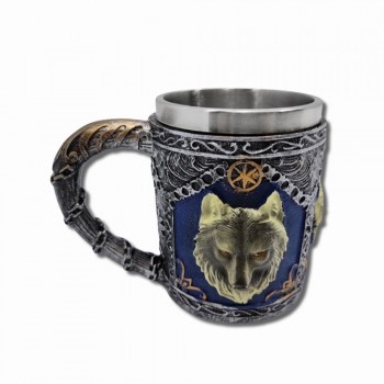 CANECA MEDIEVAL MODELO LOBOS EM RESINA E INOX 400ML  REF: 2014-2B