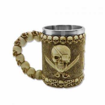 CANECA MEDIEVAL MODELO CAVEIRA PIRATA EM RESINA E INOX 400ML  REF: 2006B
