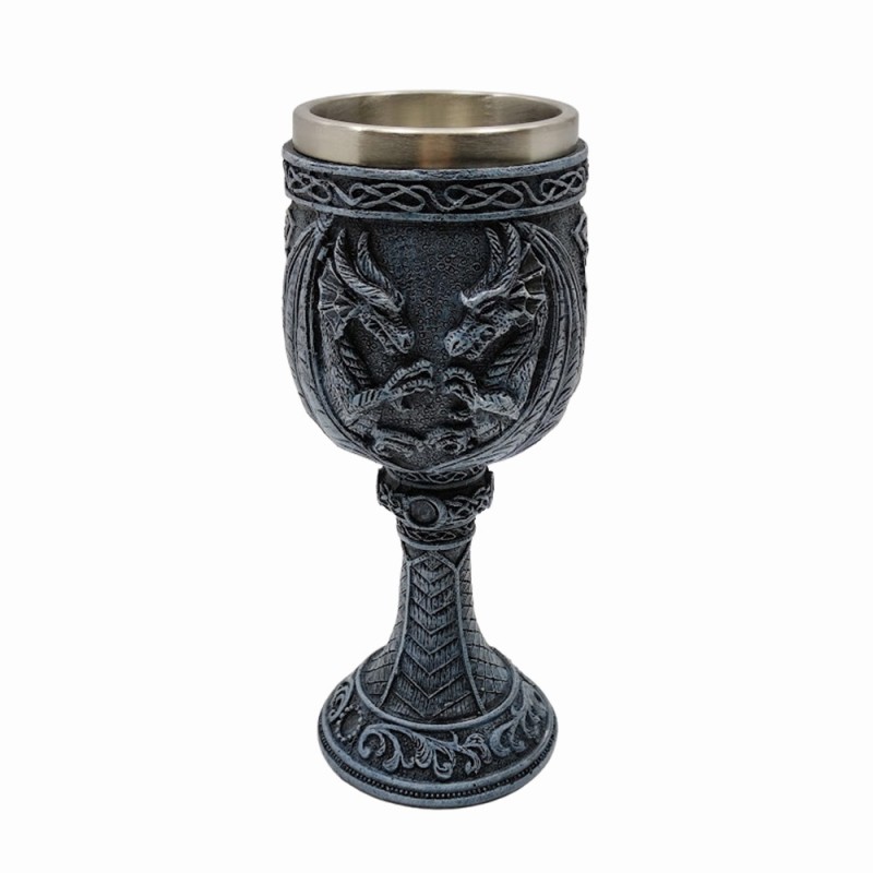 TAÇA MEDIEVAL MODELO DRAGÕES EM INOX E RESINA 180ML REF: 220035A