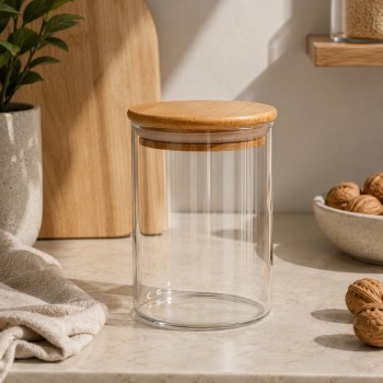 POTE DE VIDRO COM TAMPA DE BAMBU 550ML REF: APP1010