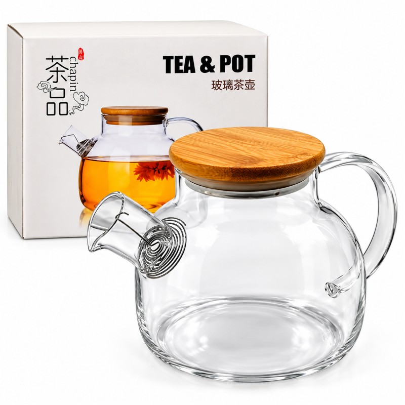 CHALEIRA EM VIDRO COM TAMPA DE BAMBU 1000ML REF: APBG1000