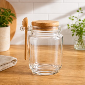 POTE DE VIDRO COM COLHER DOSADORA E TAMPA EM CORTIÇA 255ML REF: APSZB001