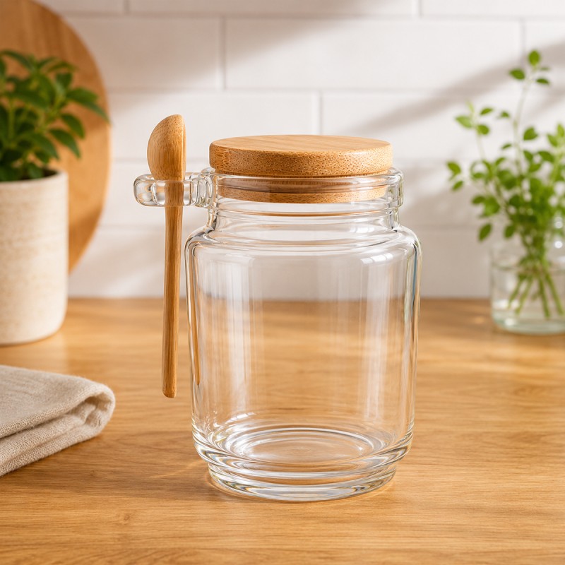 POTE DE VIDRO COM COLHER DOSADORA E TAMPA EM CORTIÇA 255ML REF: APSZB001