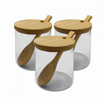 KIT 3 POTES DE VIDRO COM TAMPA E SUPORTE EM BAMBU REF: APDL88-3 KIT 3 POTES DE VIDRO COM TAMPA E SUPORTE EM BAMBU REF: APDL88-3