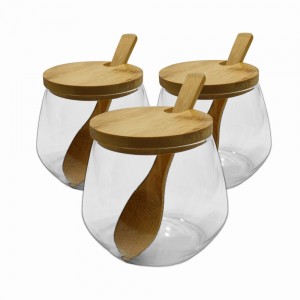 KIT 3 POTES DE VIDRO COM TAMPA E SUPORTE EM BAMBU REF: APZ-3 KIT 3 POTES DE VIDRO COM TAMPA E SUPORTE EM BAMBU REF: APZ-3