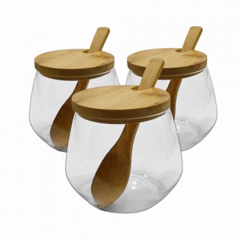 KIT 3 POTES DE VIDRO COM TAMPA E SUPORTE EM BAMBU REF: APZ-3 KIT 3 POTES DE VIDRO COM TAMPA E SUPORTE EM BAMBU REF: APZ-3
