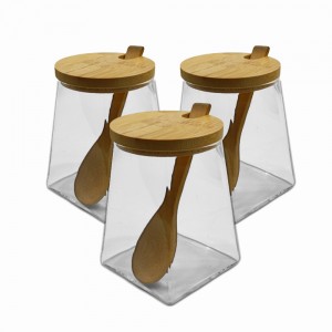 KIT 3 POTES DE VIDRO COM TAMPA E SUPORTE EM BAMBU REF: APYF-3 KIT 3 POTES DE VIDRO COM TAMPA E SUPORTE EM BAMBU REF: APYF-3