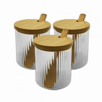 KIT 3 POTES DE VIDRO COM TAMPA E SUPORTE EM BAMBU REF: APW-3