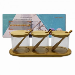KIT DE 3 POTES PORTA CONDIMENTO DE VIDRO CONTENDO TAMPA E BASE EM BAMBU: APW88-3