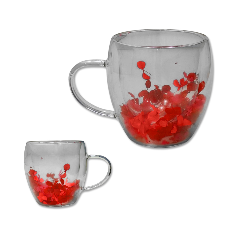 CANECA COM PAREDE DUPLA MODELO FLORES EM VIDRO 250ML REF: AP3R-25