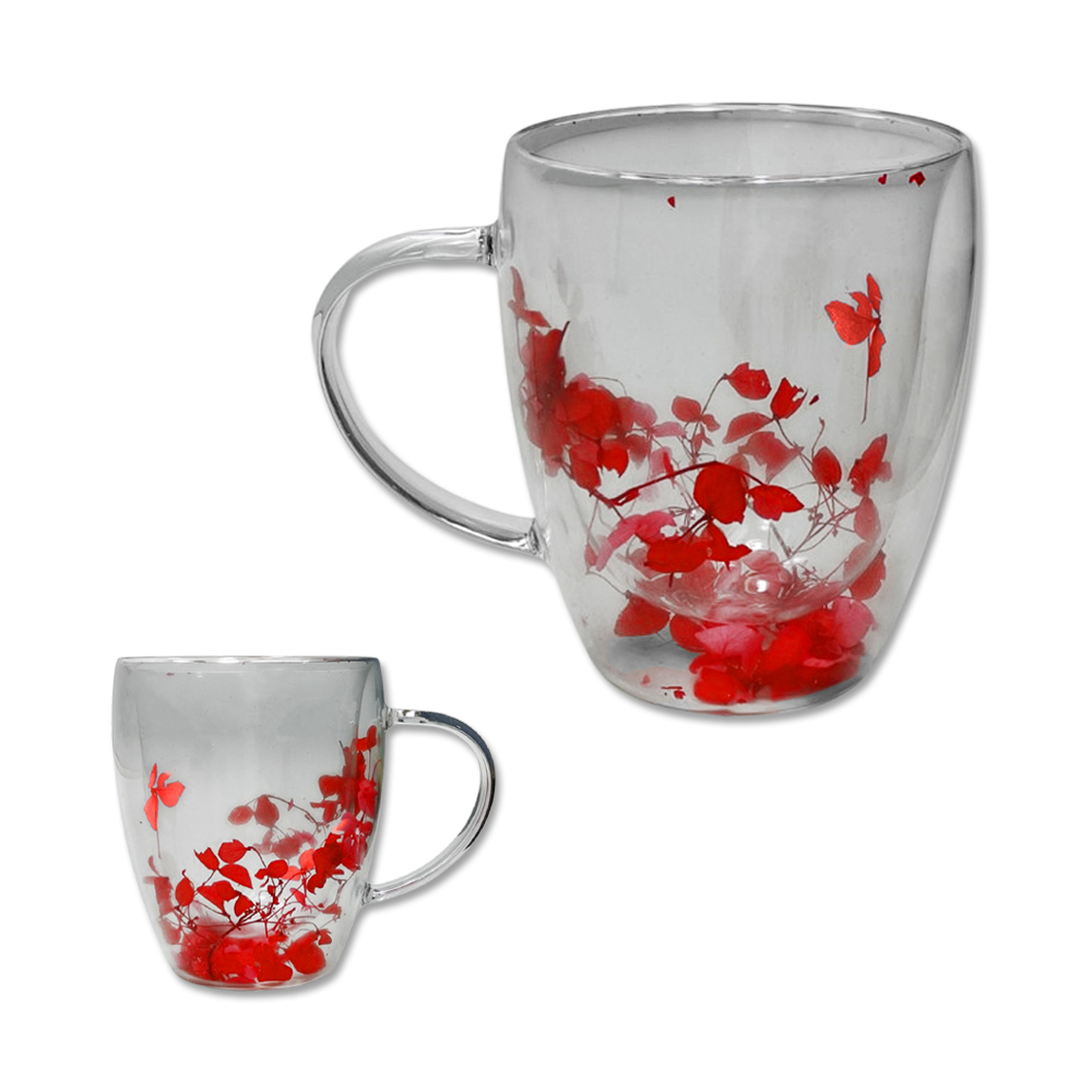 CANECA COM PAREDE DUPLA MODELO FLORES EM VIDRO 350ML REF: AP3R-35