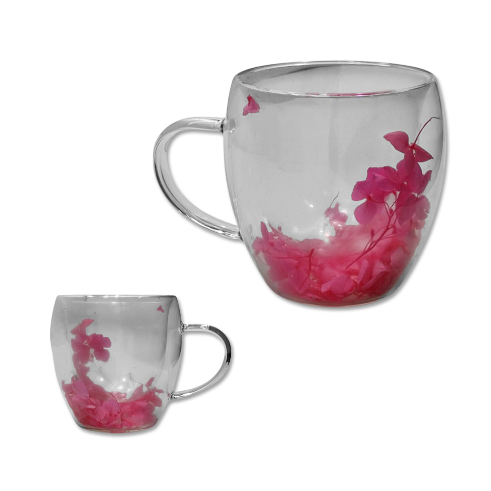 CANECA COM PAREDE DUPLA MODELO FLORES EM VIDRO 250ML REF: AP3F-25