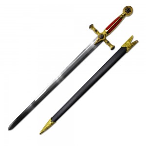 ESPADA DECORATIVA COM LÂMINA SEM CORTE DE METAL E SUPORTE DE MADEIRA REF: PFL9137RD