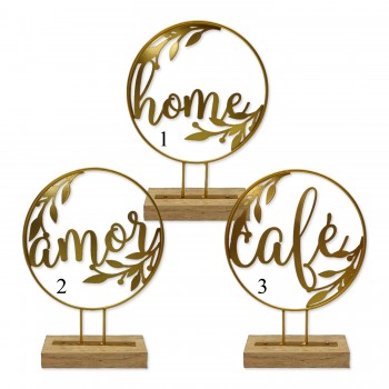 PLACA DECORATIVA DE MESA EM MADEIRA E METAL REF: APRL004GD