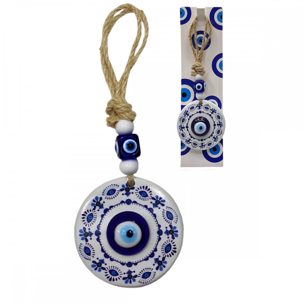 ORNAMENTO DECORATIVO OLHO GREGO EM VIDRO COM CORDA DE SISAL REF: APE08-02