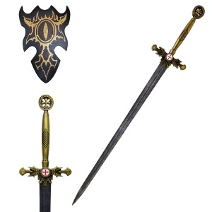 ESPADA DECORATIVA COM LÂMINA SEM CORTE DE METAL E SUPORTE DE MADEIRA REF: PFL249123