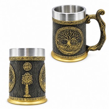CANECA MODELO ÁRVORE DA VIDA COM ALÇA CAPACIDADE 600ML EM METAL INOX E REVESTIDA DE RESINA DE PVC REF: AP230036B