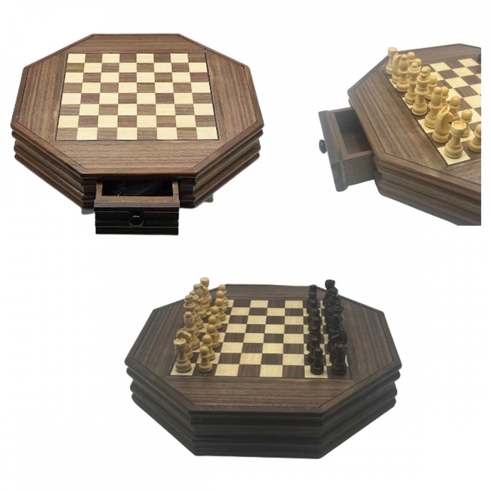 TABULEIRO OCTOGONAL DE XADREZ COM GAVETA 32PÇS EM MADEIRA MDF REF: APBB355