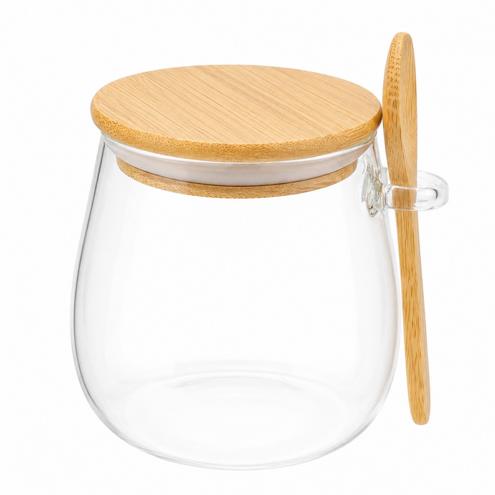 POTE DE VIDRO 650ML COM TAMPA E COLHER BAMBU REF: APE650